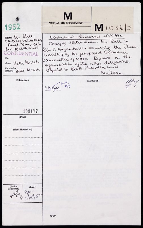 View document: Economic work of NATO; committees on wartime economic organisation, wartime commodity problems, food and agriculture planning and coal and steel planning. Code M file 1036., 1952.