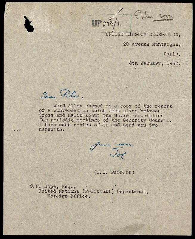 View document: FO 371/101340 - Soviet call for discussion of bacteriological warfare in the Security Council; Soviet charges of use by UN forces of germ warfare in Korea but veto on important investigations; recognition by China of the Geneva Protocol of 1925 prohibiting use of bacteriological warfare along with poison gas warfare. Code UP file 213..