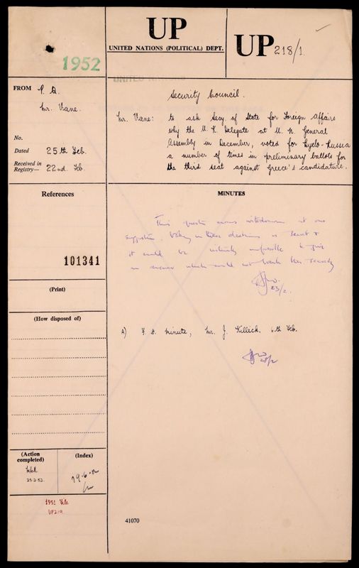 View document: FO 371/101341 - Security Council elections to non-permanent seats; various countries proposed as candidates; various requests for UK support; US support for Denmark and Lebanon; Colombia to represent Latin America. Code UP file 218..