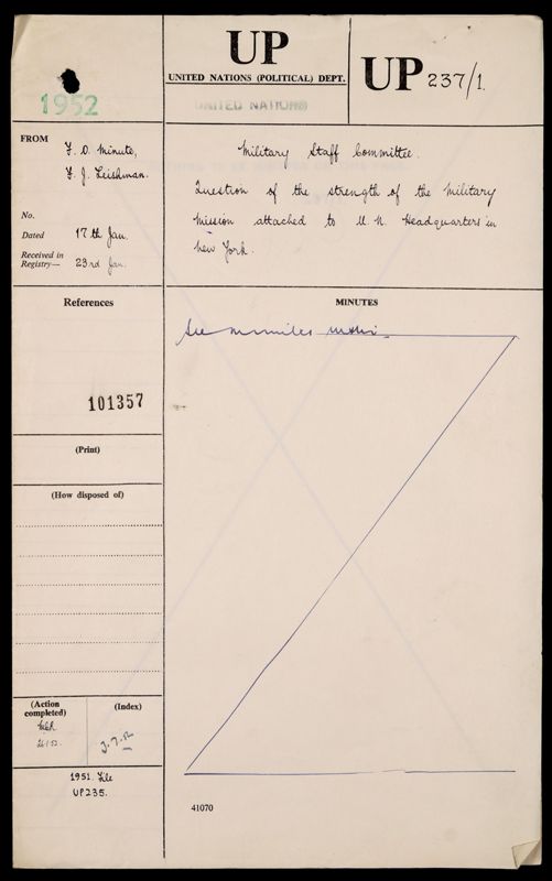 View document: FO 371/101357 - Discussions on the reduction of staff of the UK Delegation to the UN Military Staff Committee of the Security Council. Code UP file 237..