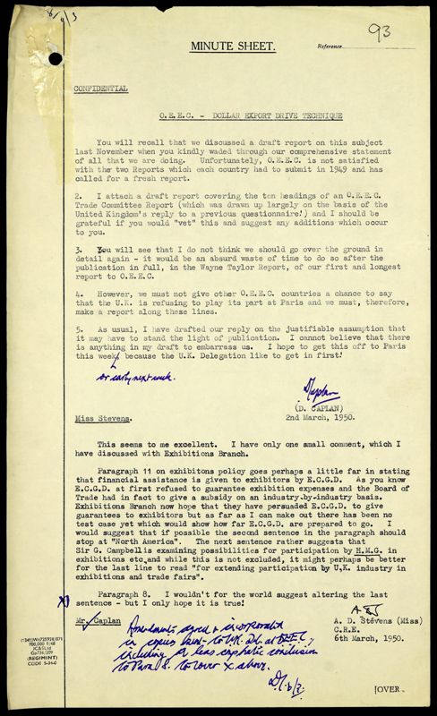 View document: BT 11/4600 - INTERNATIONAL ORGANISATIONS (CODE 13): Organisation for European Economic Co-operation: export questions., 1950.