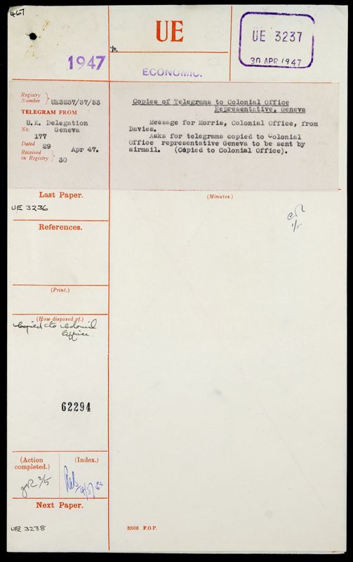 View document: Setting-up of International Trade Organisation: tariff negotiations at Geneva: World Conference at Havana. Code 53 File 37, 1947.
