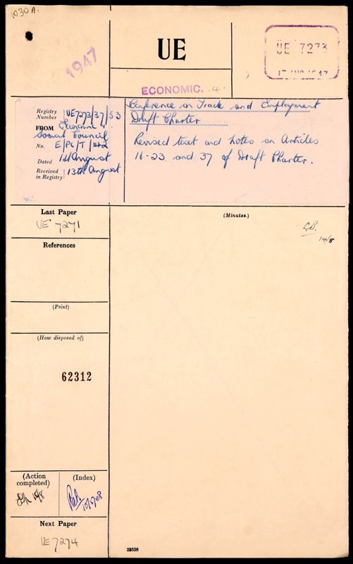 View document: Setting-up of International Trade Organisation: tariff negotiations at Geneva: World Conference at Havana. Code 53 File 37, 1947.