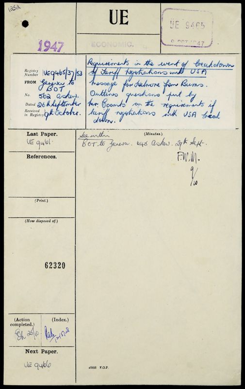 View document: Setting-up of International Trade Organisation: tariff negotiations at Geneva: World Conference at Havana. Code 53 File 37, 1947.