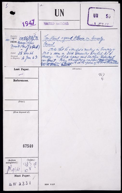 View document: FO 371/67540A - Anglo-Albanian dispute : competence of Security Council to deal with the question. Code 78 File 56..