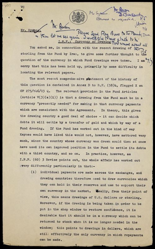 View document: T 312/291 - Currency of drawings and re-purchases., 1960-1961.