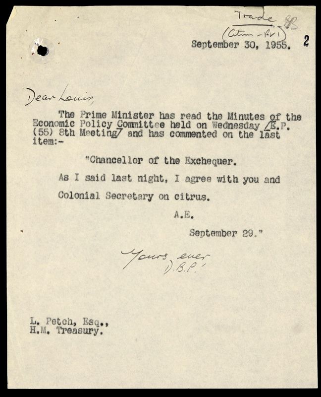 View document: PREM 11/1040 - Serious economic effects on West Indies of imports of US citrus fruits: proposed visit to US of West Indian trade mission., 1955.