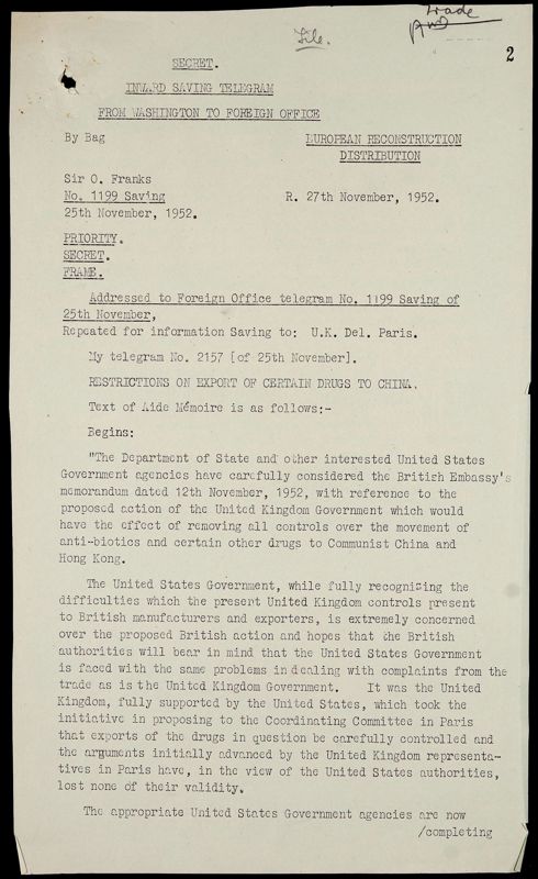 View document: PREM 11/281 - East-West trade: export of drugs to China., 1952.