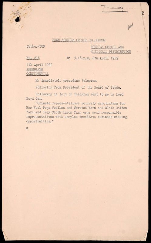 View document: PREM 11/286 - East-West trade export of textiles to China; development of trade with Russia., 1952.