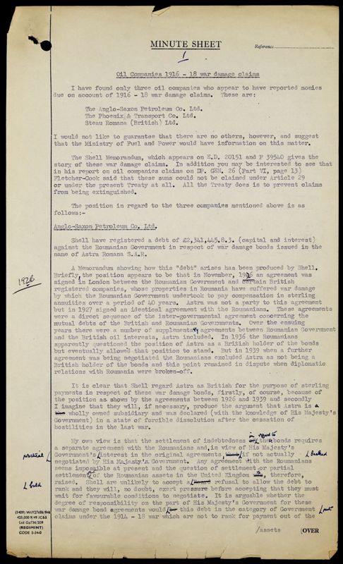 View document: BT 271/352 - Romania: claims by oil companies in respect of war damage 1914-1918 and later; fair prices claim under article 33 of peace treaty., 1940-1956.