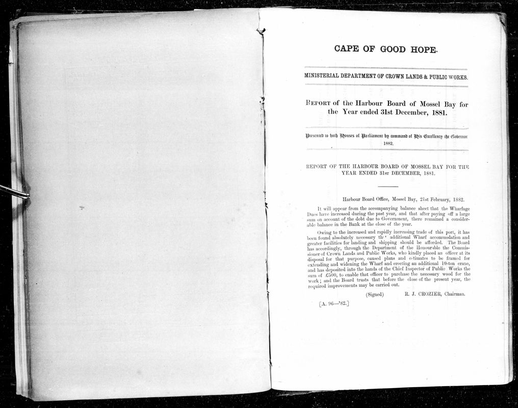 View document: Report of The Harbour Board of Mossel Bay For The Year 1881.