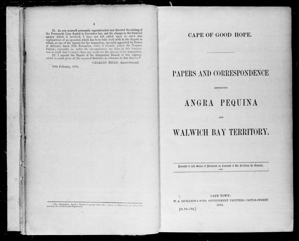 View document: Papers and Correspondence Respecting Angra Pequina and Walwich Bay Territory, 1894.