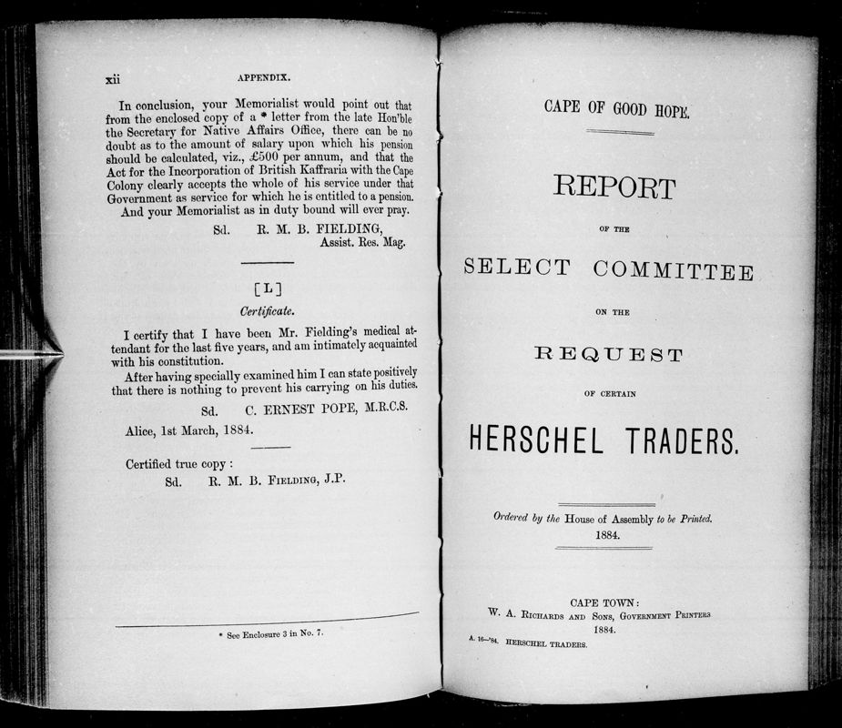 View document: Report of The Select Committee on The Request of Certain Herschel Traders, 1884.