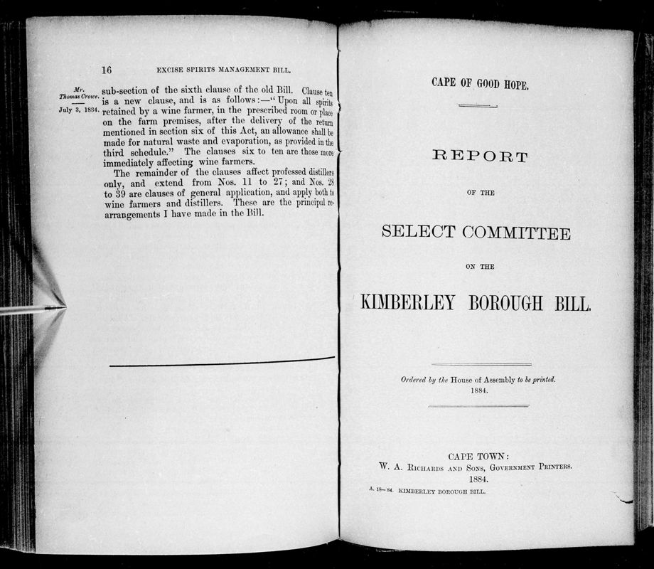 View document: Report of The Select Committee on The Kimberley Borough Bill, 1884.