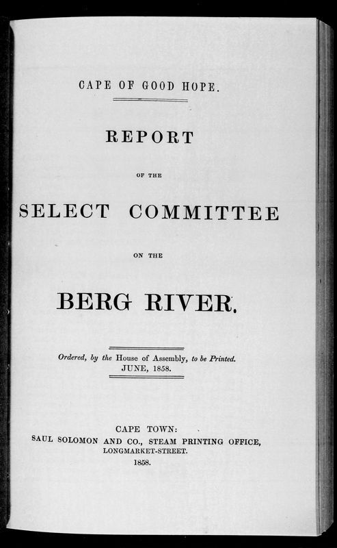View document: Report of The Select Committee on The Berg River.
