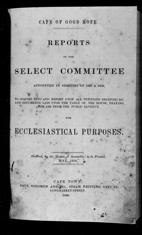 View document: Reports of The Select Committee - Ecclesiastical Grants, 1857 to 1858.