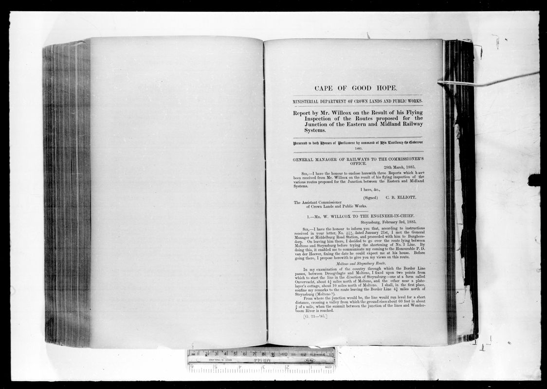 View document: Report By Mr. Willcox on The Result of His Flying Inspection of The Routes Proposed For The Junction of The Eastern and Midland Railway Systems, 1885.