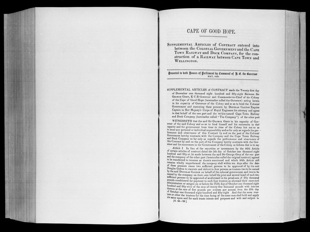 View document: Supplemental Articles of Contract Entered Into Between The Colonial Government and The Cape Town Railway and Dock Company, For The Construction of A Railway Between Cape Town and Wellington, 1859.
