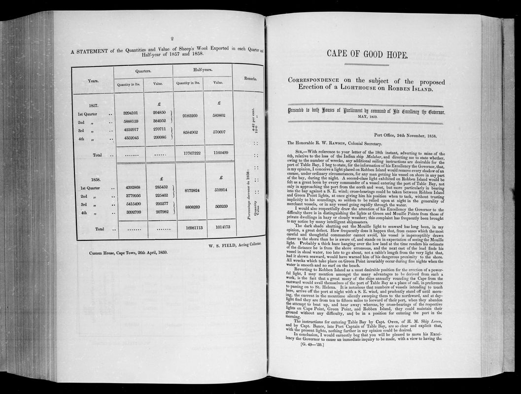 View document: Correspondence on The Subject of The Proposed Erection of A Lighthouse on Robben Island, 1859.