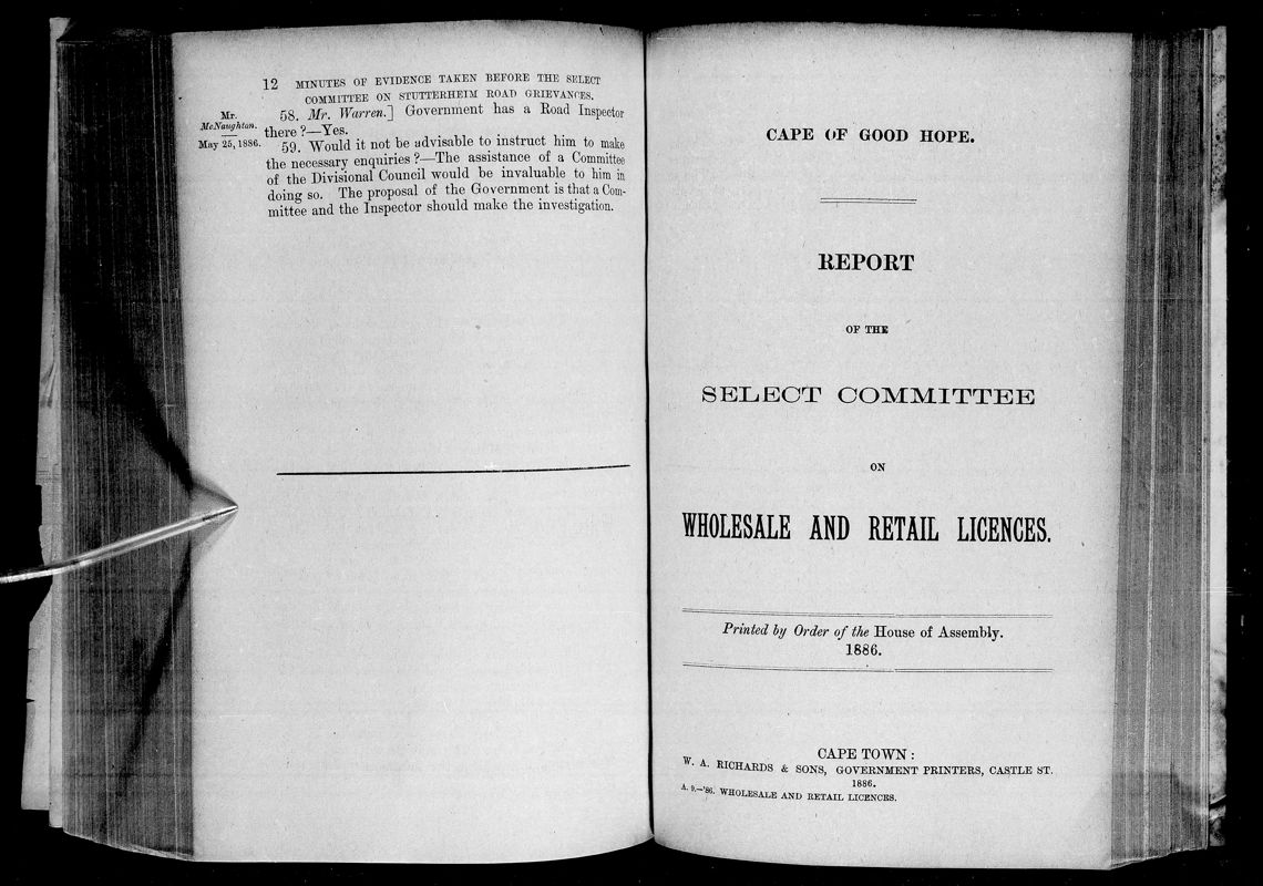 View document: Report of The Select Committee on Wholesale and Retail Licenses, 1886.
