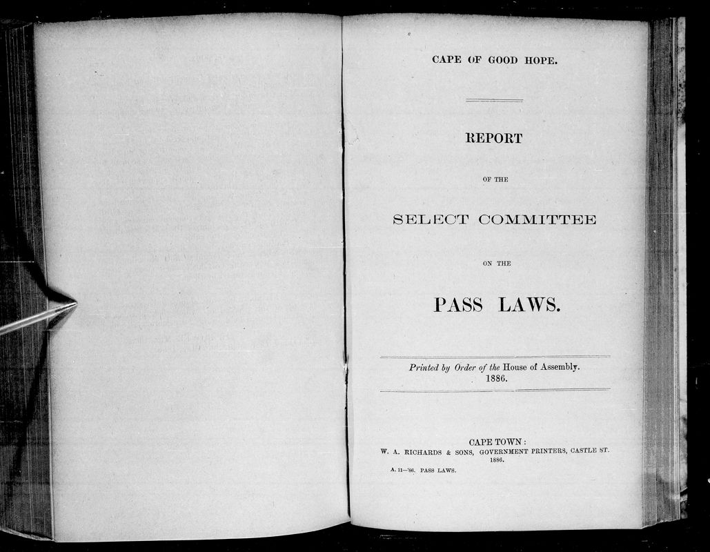 View document: Report of The Select Committee on The Pass Laws, 1886.