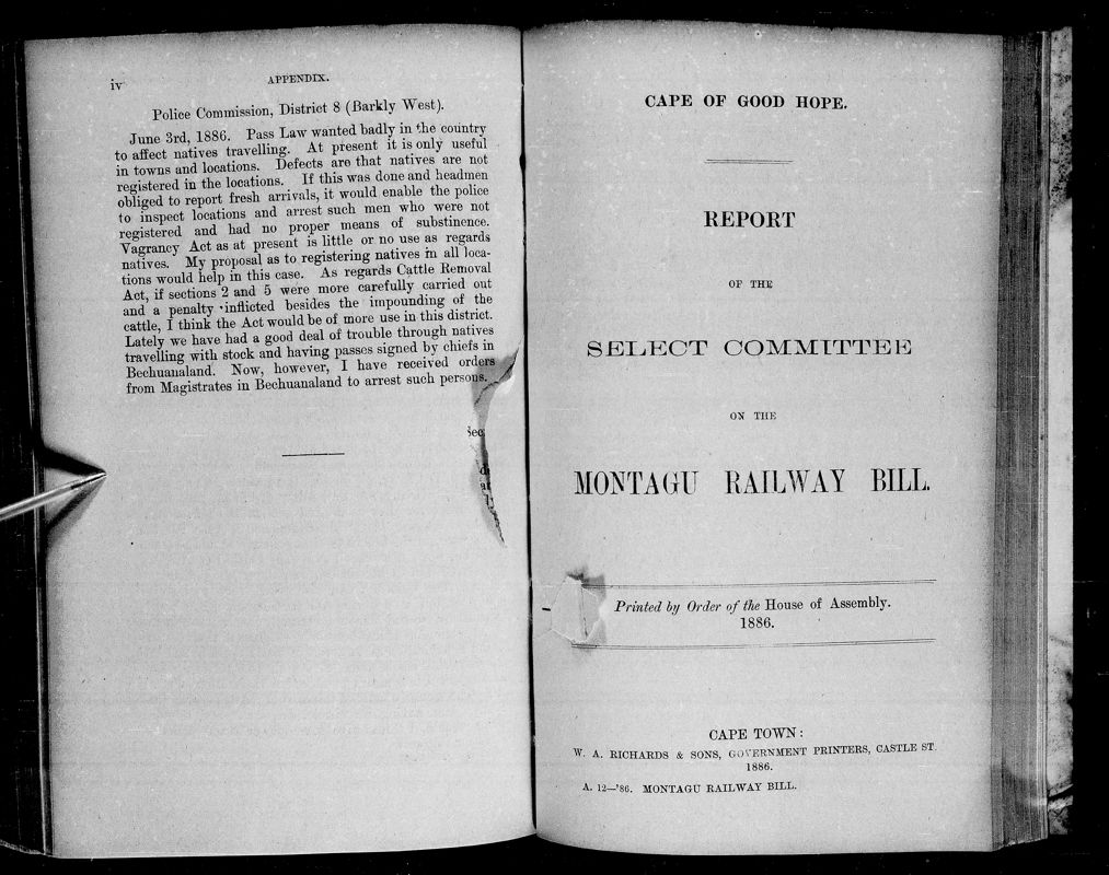 View document: Report of The Select Committee on The Montagu Railway Bill, 1886.