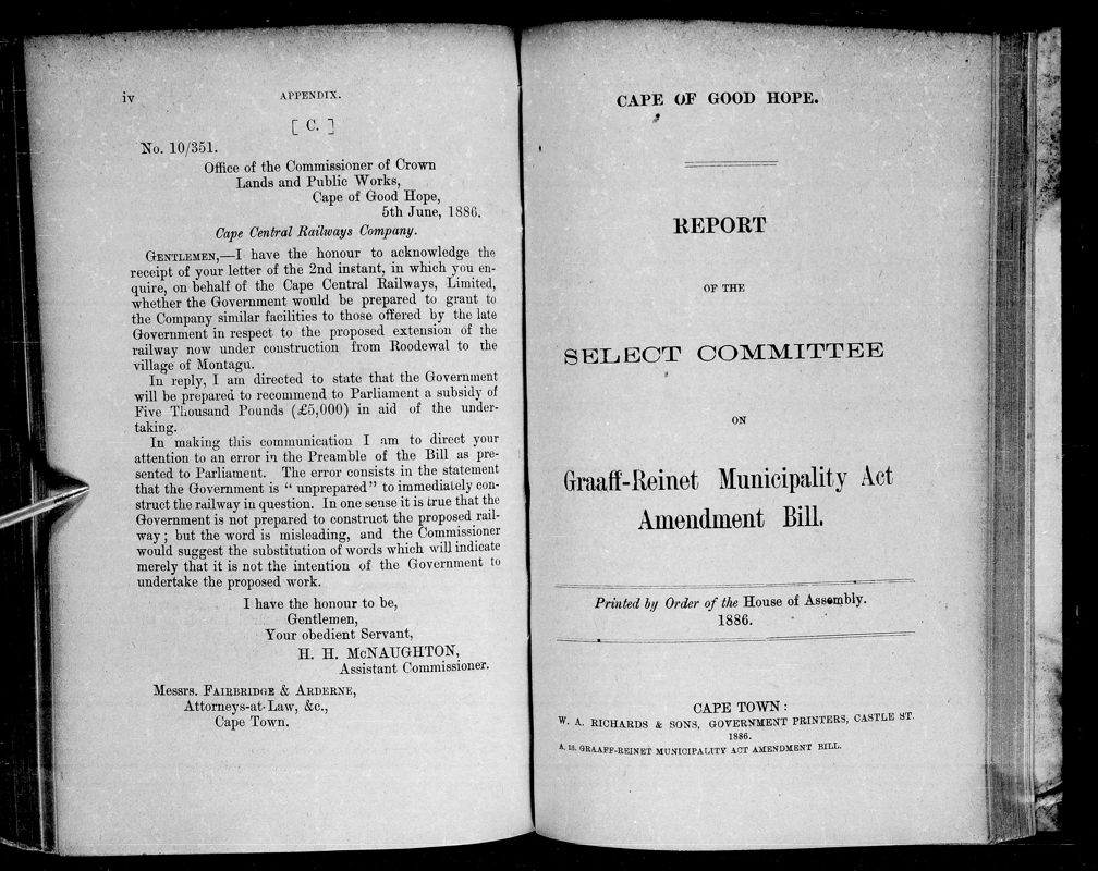 View document: Report of The Select Committee on Graaff-Reinet Municipality Act Amendment Bill, 1886.