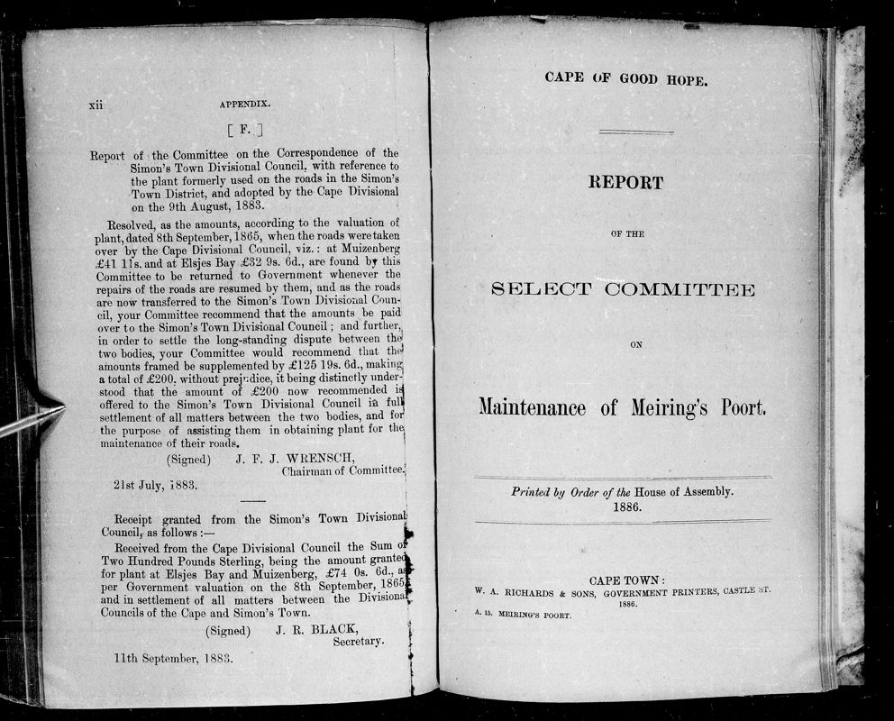 View document: Report of The Select Committee on Maintenance of Meiring's Poort, 1886.