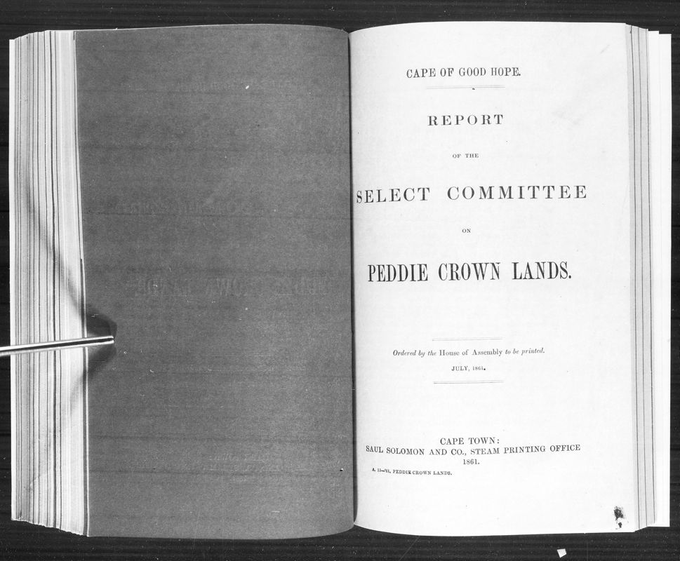 View document: Report of The Select Committee on Peddie Crown Lands, 1861.