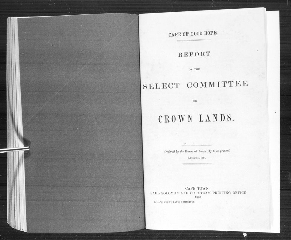 View document: Report of The Select Committee on Crown Lands, 1861.
