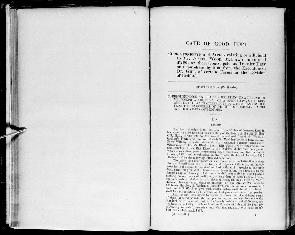 View document: Correspondence and Papers Relating To A Refund To Mr. Joseph Wood, 1887.