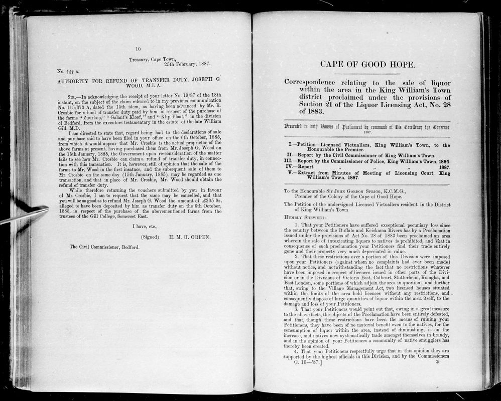 View document: Correspondence Relating To The Sale of Liquor in King William's Town, 1887.