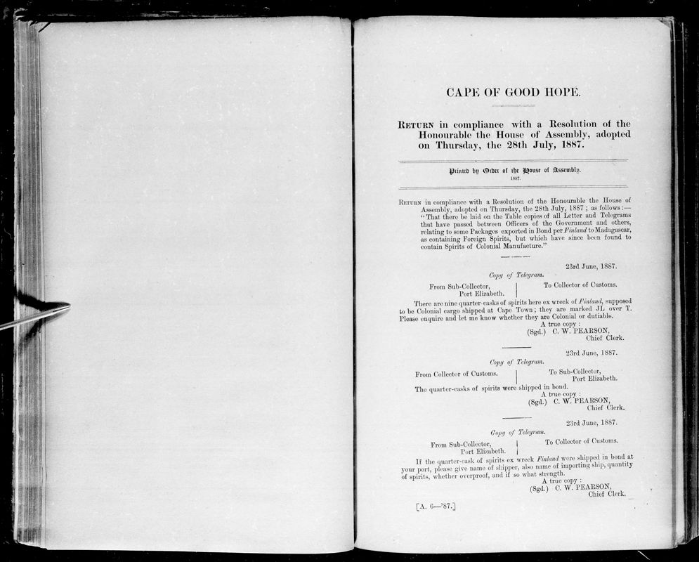 View document: Return in Compliance With A Resolution of The Honourable The House of Assembly, 1887.
