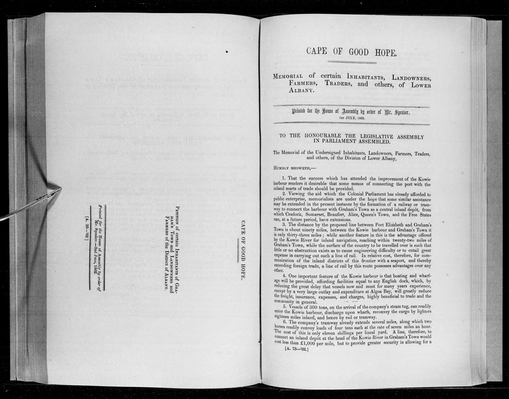 View document: Memorial of Certain Inhabitants, Landowners, Farmers, Traders, and Others of Lower Albany, 1862.