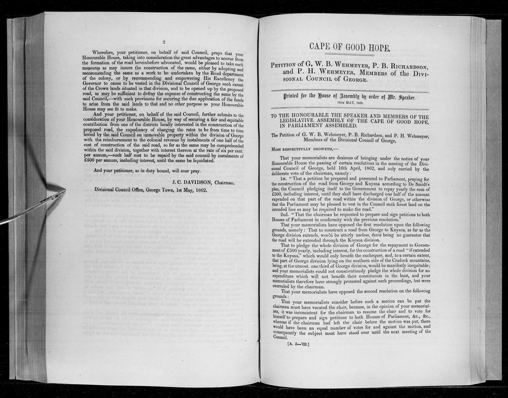 View document: Petition of G. W. B. Wehmeyer, Members of The Division of George, 1862.