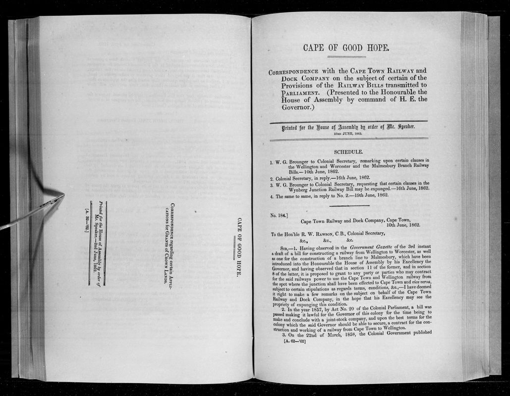 View document: Correspondence With The Cape Town Railway and Dock Company, 1862.