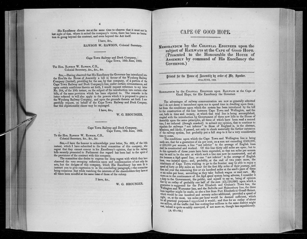 View document: Memorandum By The Colonial Engineer Upon The Subject of Railways at The Cape of Good Hope 1862.