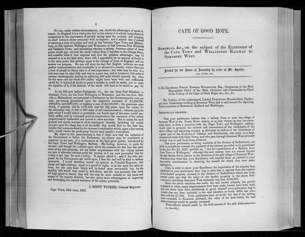 View document: Memorial on The Subject of the Extension of The Cape Town and Wellington Railway To Somerset West, 1862.