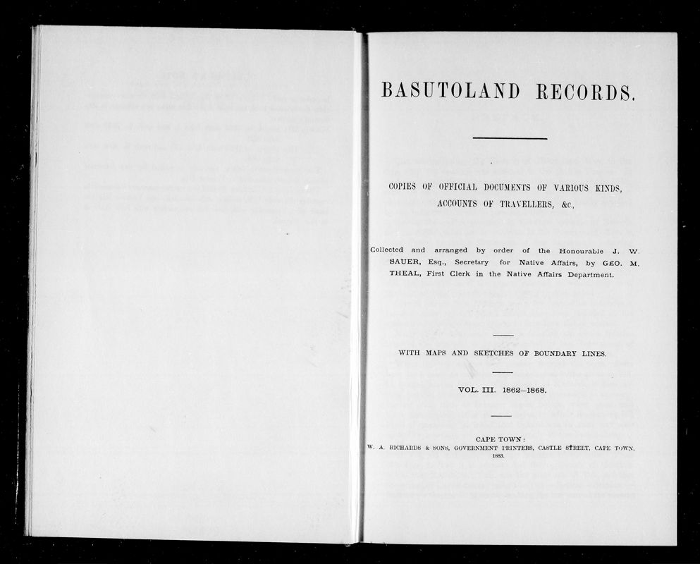 View document: Basutoland Records Volume One, 1862 to 1868.