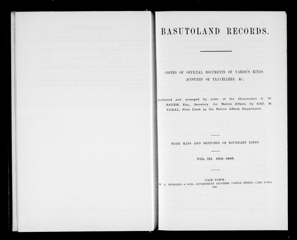 View document: Basutoland Records Volume One, 1862 to 1868.