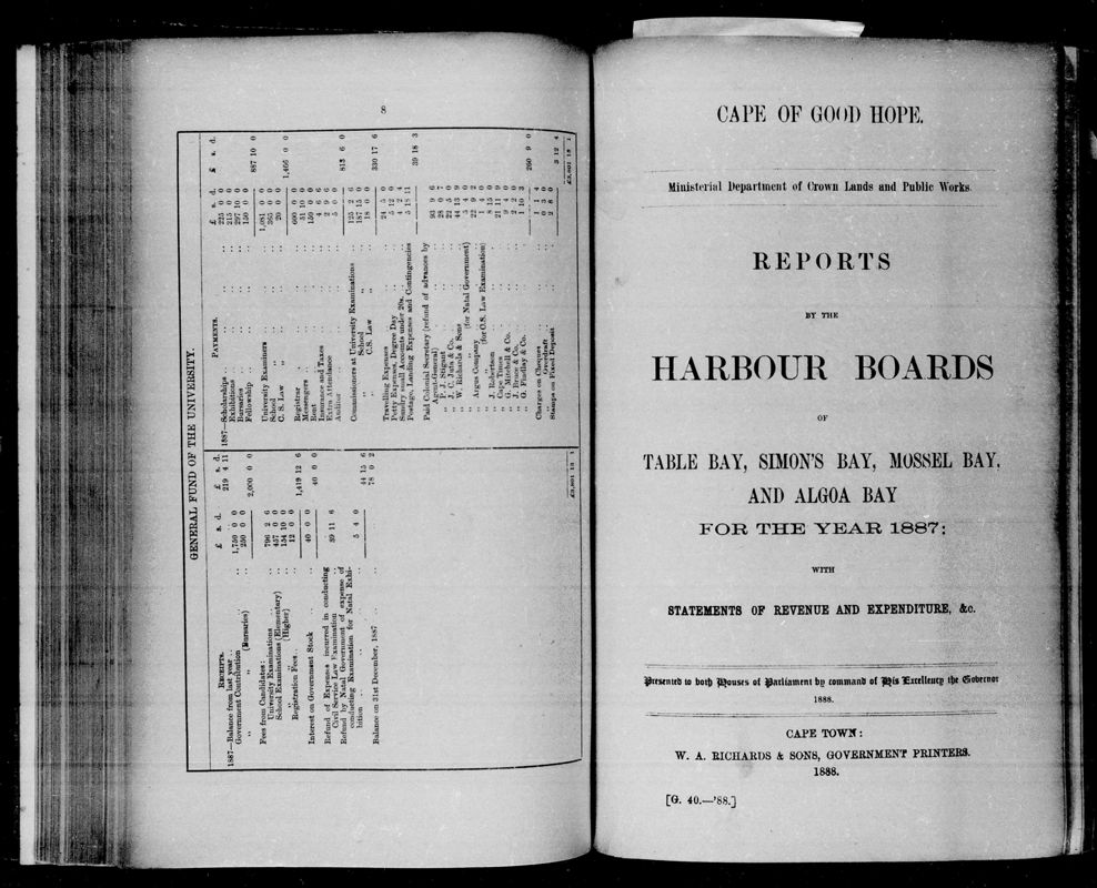 View document: Reports By The Harbour Boards of Table Bay, Simon's Bay, Mossel Bay, and Algoa Bay For The Year 1887.
