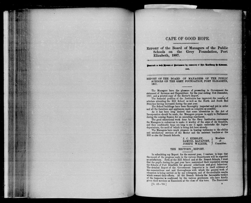 View document: Report of The Board of Managers of The Public Schools on The Grey Foundation, Port Elizabeth, 1887.