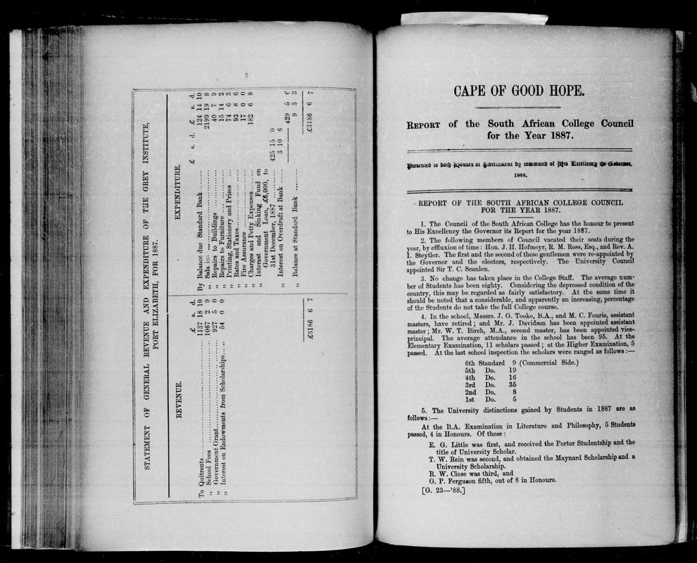 View document: Report of The South African College Council For 1887.