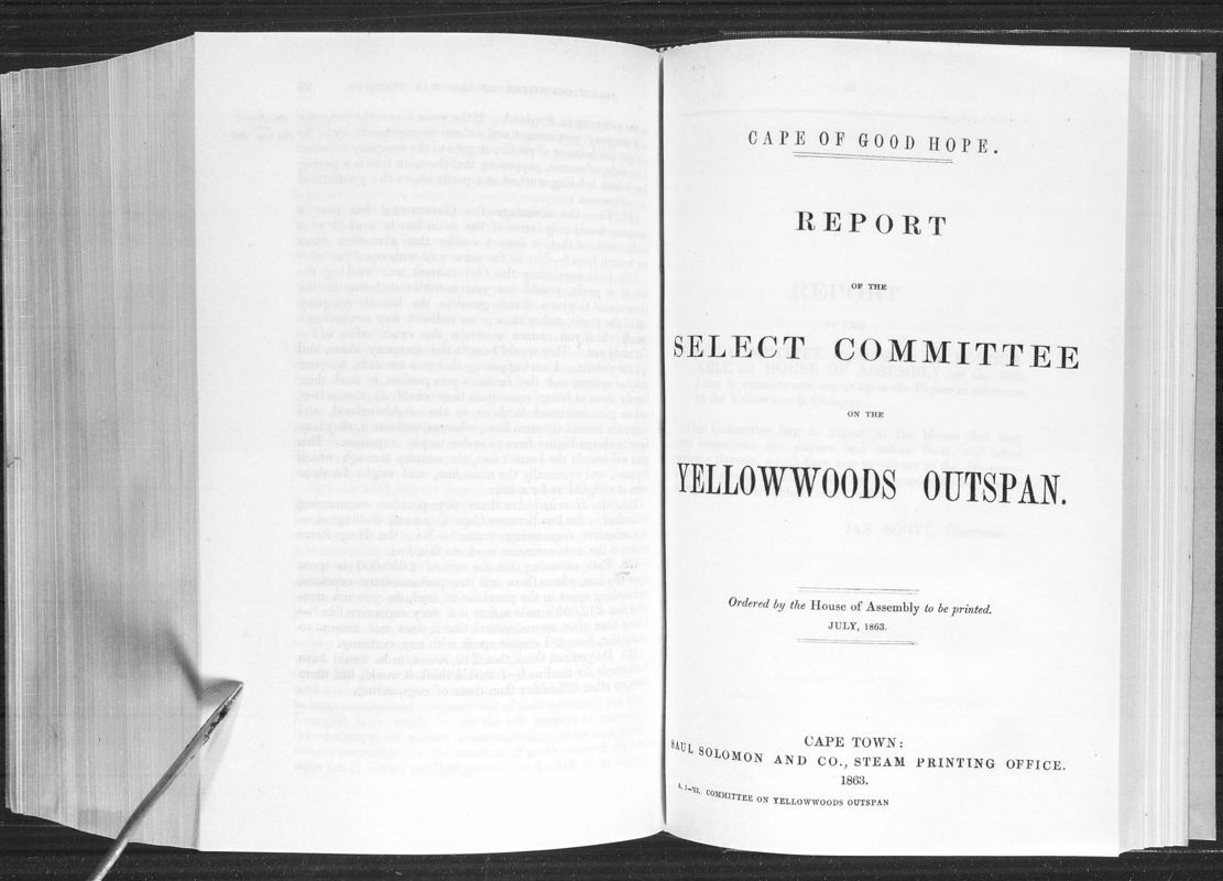 View document: Report of The Select Committee on The Yellowwoods Outspan, 1863.