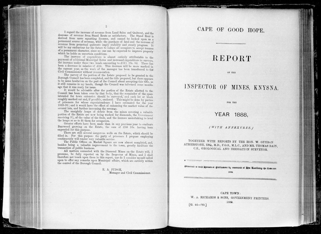 View document: Report of The Inspector of Mines, Knysna For 1888.