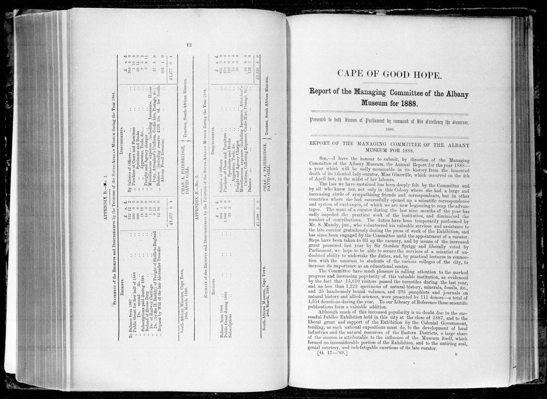 View document: Report of The Managing Committee of The Albany Museum For 1888.