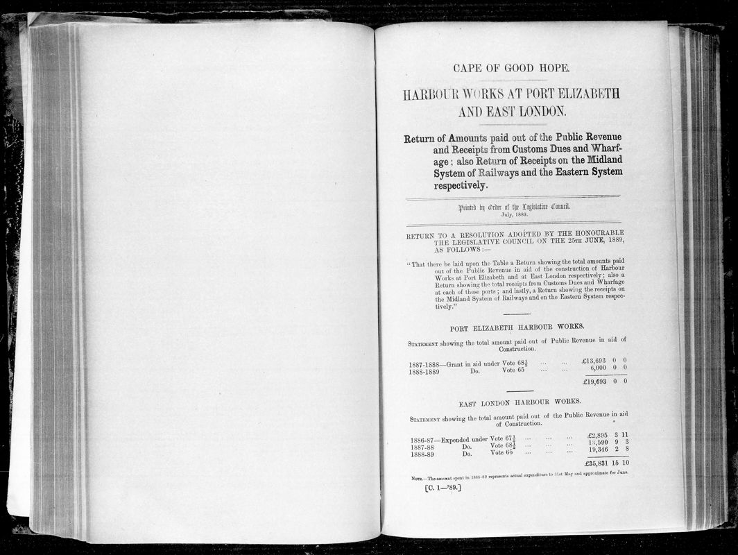View document: Return of Amounts Paid Out of The Public Revenue and Receipts From Customs Dues and Wharfage, 1889.