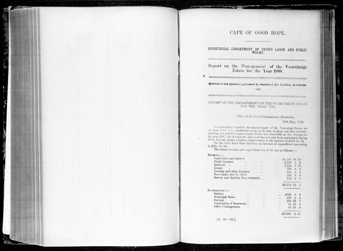View document: Report on The Management of The Vooruitzigt Estate For The Year 1888.