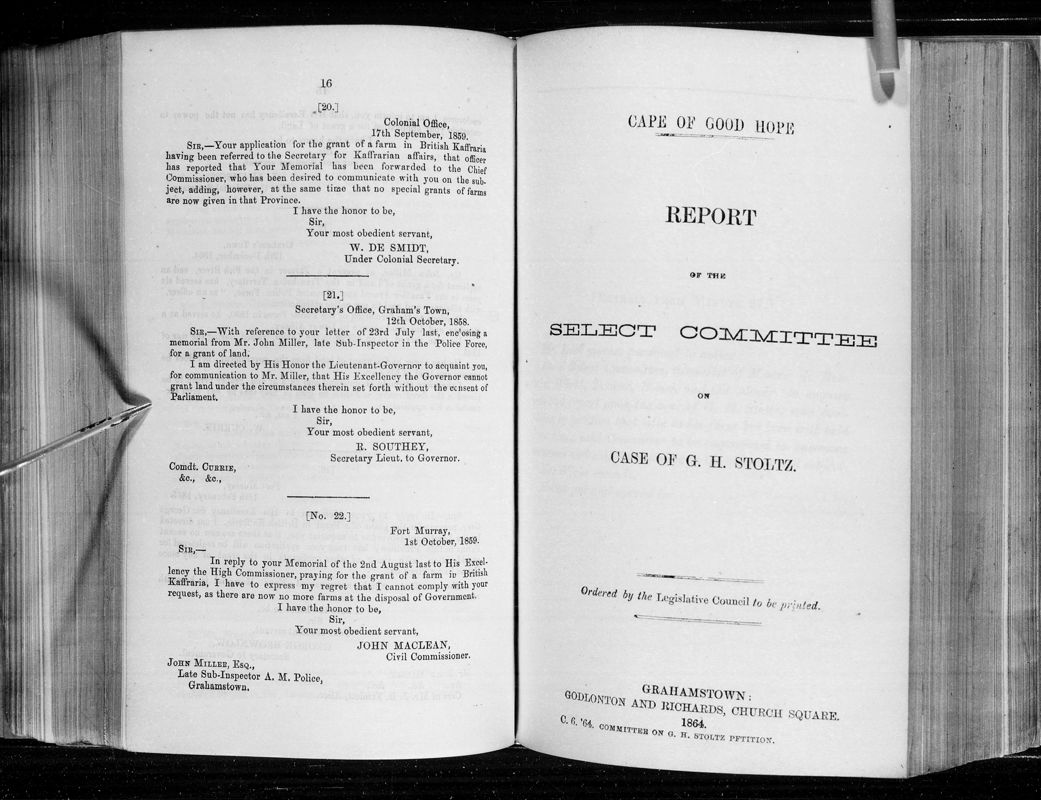 View document: Report of The Select Committee on The Case of G. H. Stoltz, 1864.