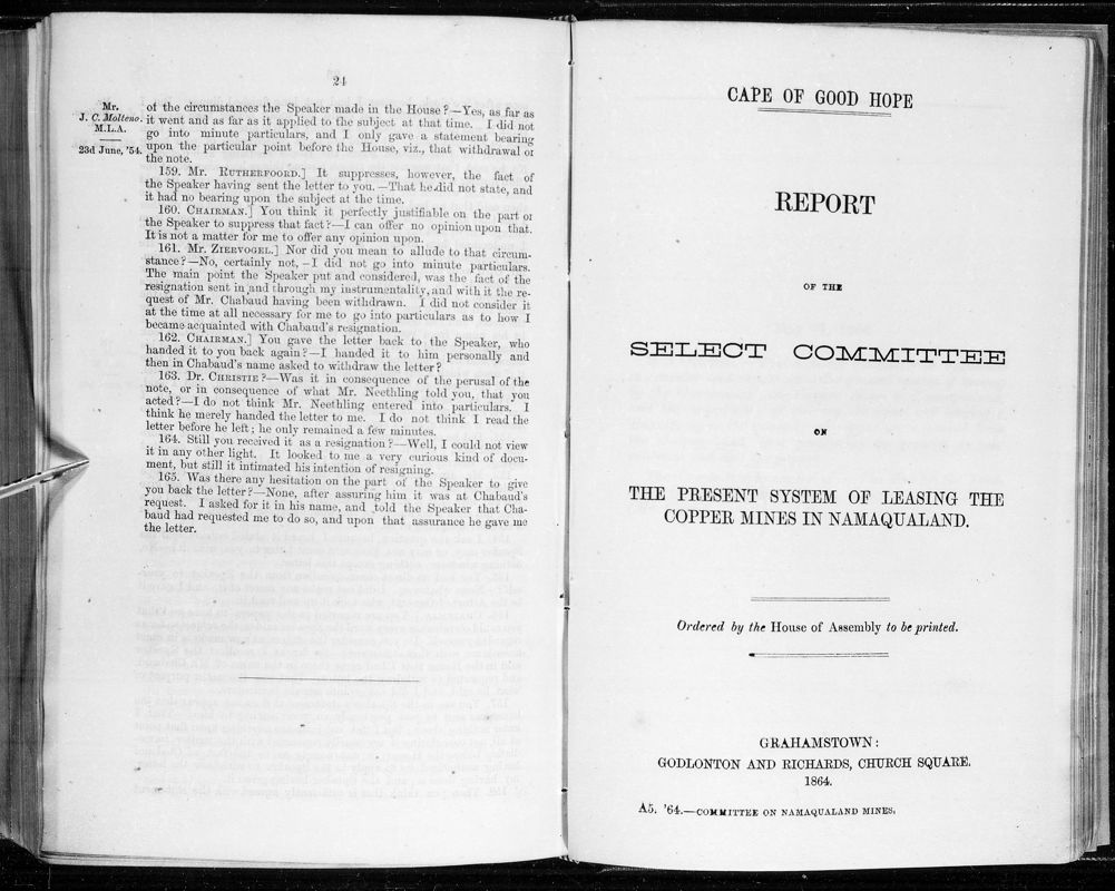 View document: Report of The Select Committee on The Present System of Leasing The Copper Mines in Namaqualand, 1864.